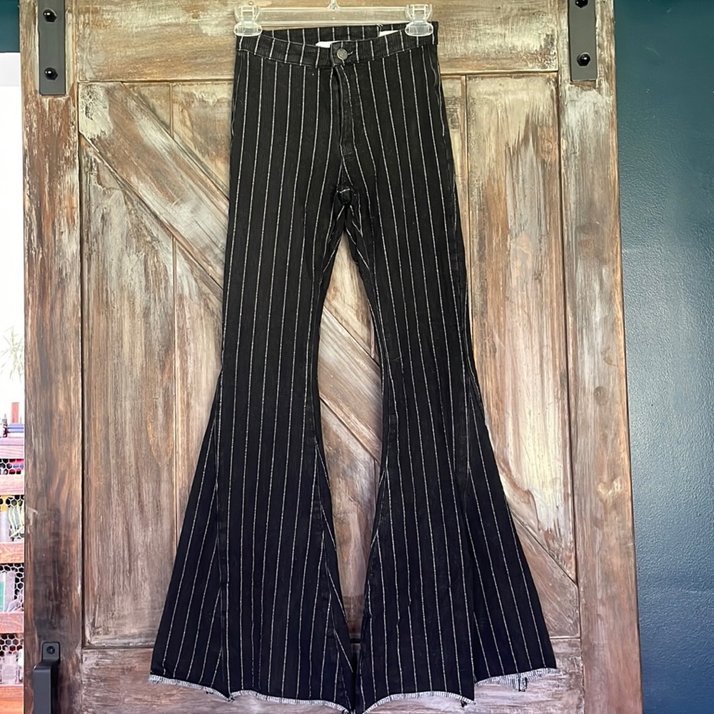 BLUSH Boutique || Stretchy Striped Denim Bell Bottoms